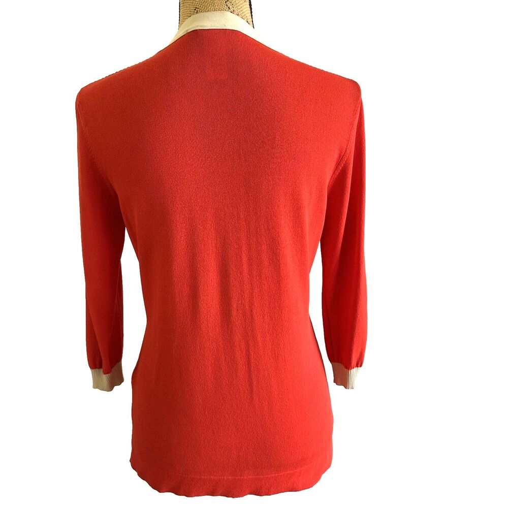 Les Copains Women's Scarlet Cream Trim V-Neck Cuffs 3/4 Sleeve Knit Sweater Sz 6 - Picture 5 of 13